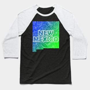 Colorful mandala art map of New Mexico with text in blue and green Baseball T-Shirt